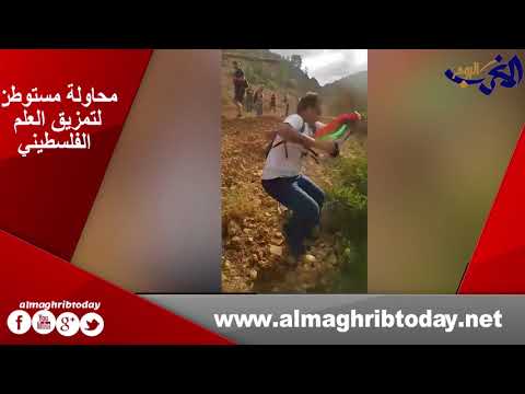 شاهد  مستوطن يحاول تمزيق العلم الفلسطيني